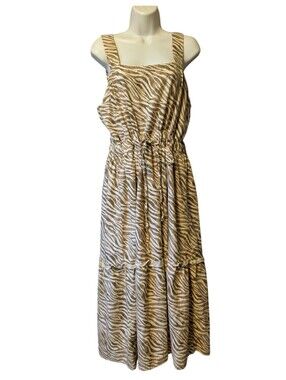Cactus + Pearl Sleeveless Tan Zebra-Print Linen  Midi Maxi Dress